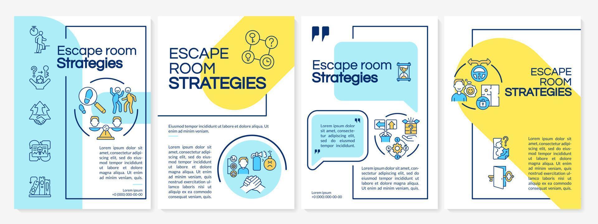modello di brochure blu e giallo delle strategie vincenti della stanza di fuga. risolvere enigmi. design volantino con icone lineari. 4 layout vettoriali per la presentazione, relazioni annuali.