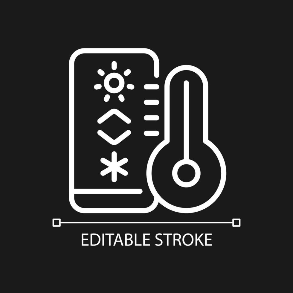 pixel di regolazione della temperatura icona lineare bianca perfetta per il tema scuro. termostato per il controllo del clima. illustrazione al tratto sottile. simbolo isolato per la modalità notturna. tratto modificabile. vettore