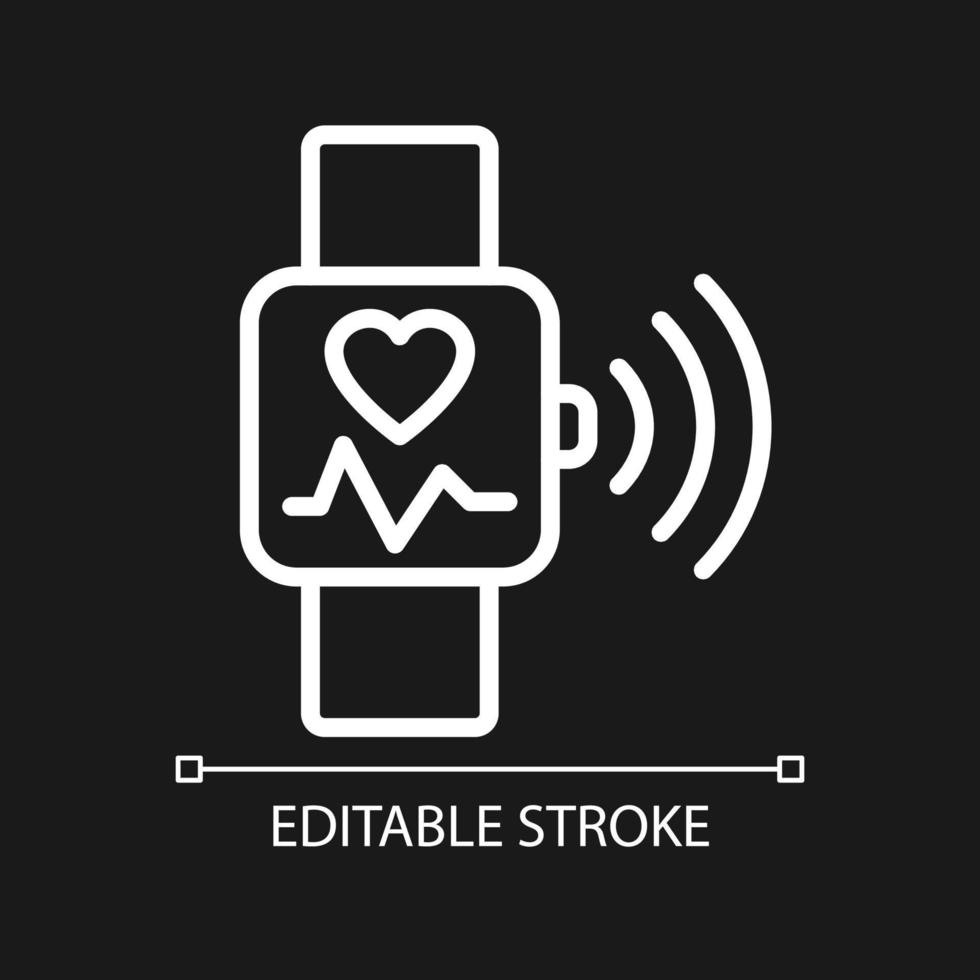 pixel di monitoraggio della frequenza cardiaca icona lineare bianca perfetta per il tema scuro. controllo del polso sull'app smartwatch. illustrazione al tratto sottile. simbolo isolato per la modalità notturna. tratto modificabile. vettore