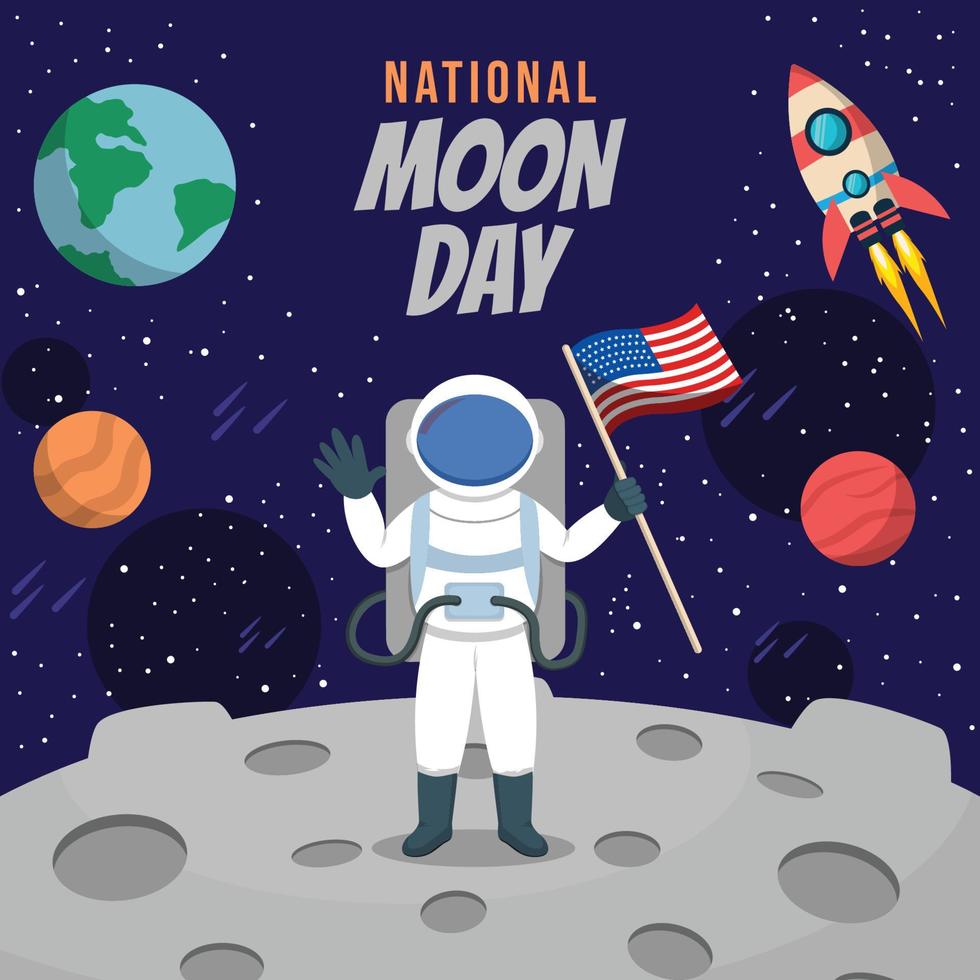 astronauta in piedi sulla luna con in mano una bandiera vettore