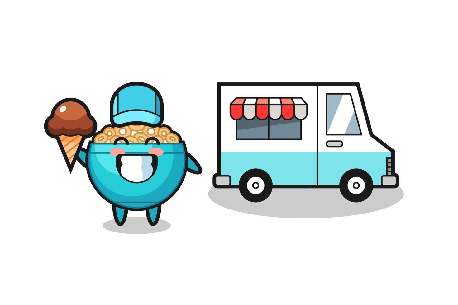 mascotte cartone animato di ciotola di cereali con camion dei gelati vettore