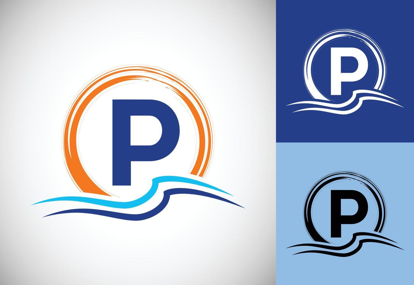 lettera del monogramma p iniziale con le onde dell'oceano d'acqua e il sole. concetto di design del logo della spiaggia vettore