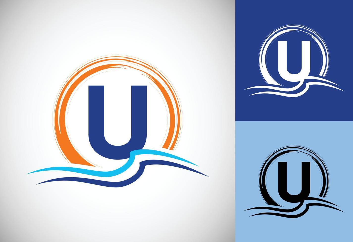 lettera iniziale del monogramma u con le onde dell'oceano d'acqua e il sole. concetto di design del logo della spiaggia vettore