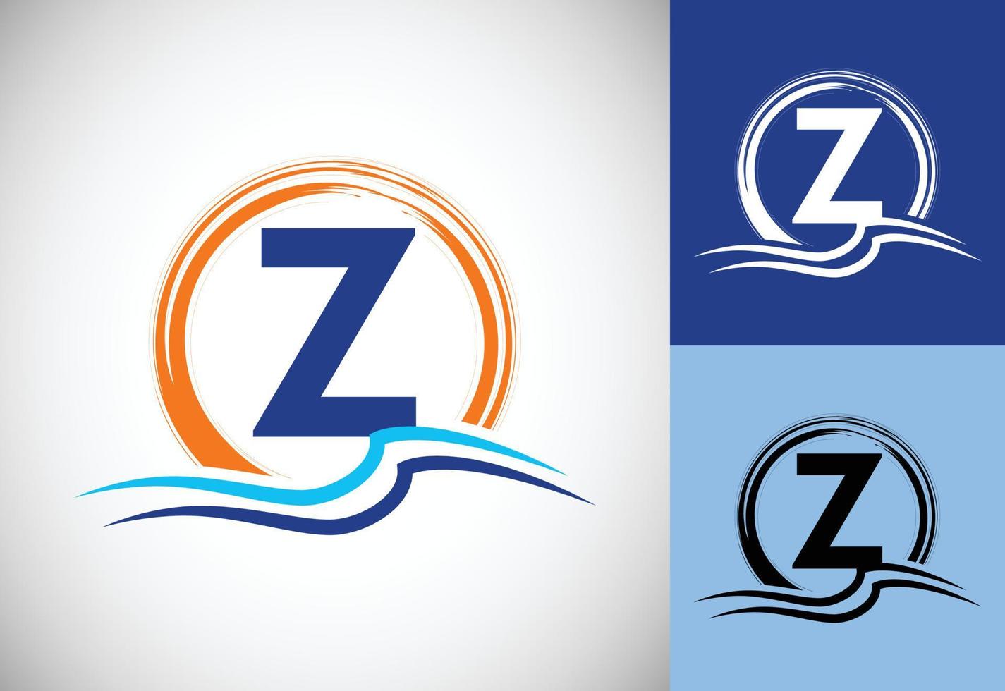 lettera iniziale del monogramma z con le onde dell'oceano d'acqua e il sole. concetto di design del logo della spiaggia vettore
