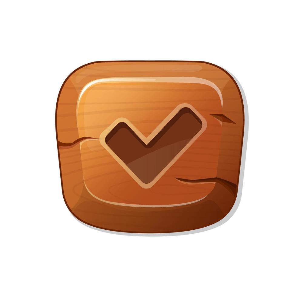 consenso, ok. pulsante di legno in stile cartone animato. una risorsa per una gui in un'app mobile o in un videogioco casual. vettore