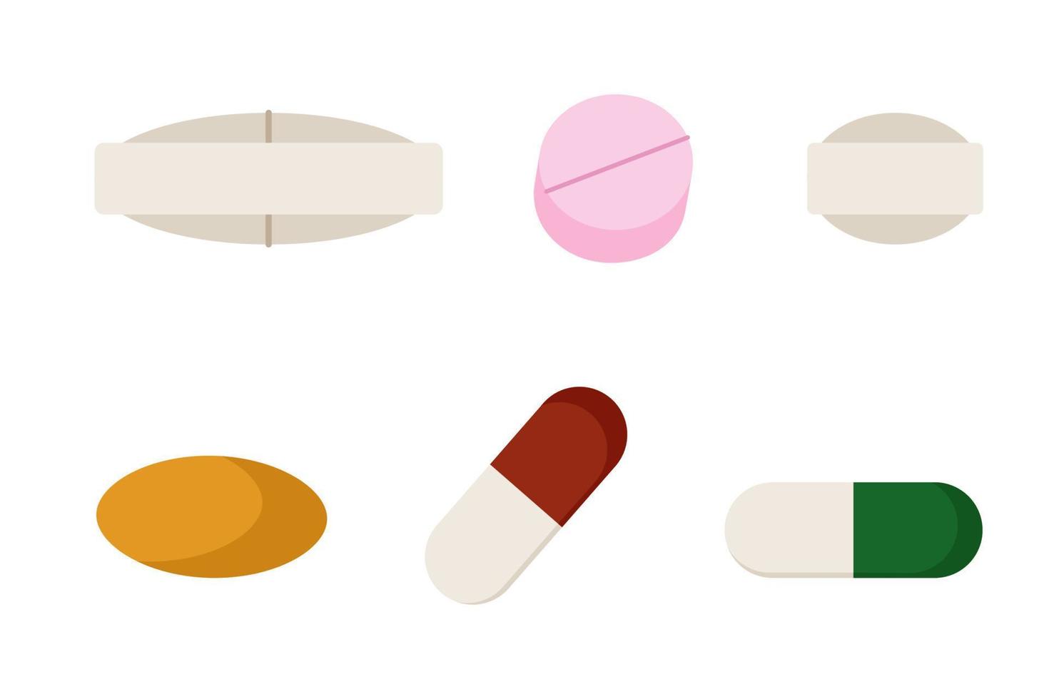 set di pillole e capsule medicinali. vitamine e antibiotici bianchi oblunghi, arancioni, rosa e rossi. illustrazione vettoriale di prodotti farmaceutici.