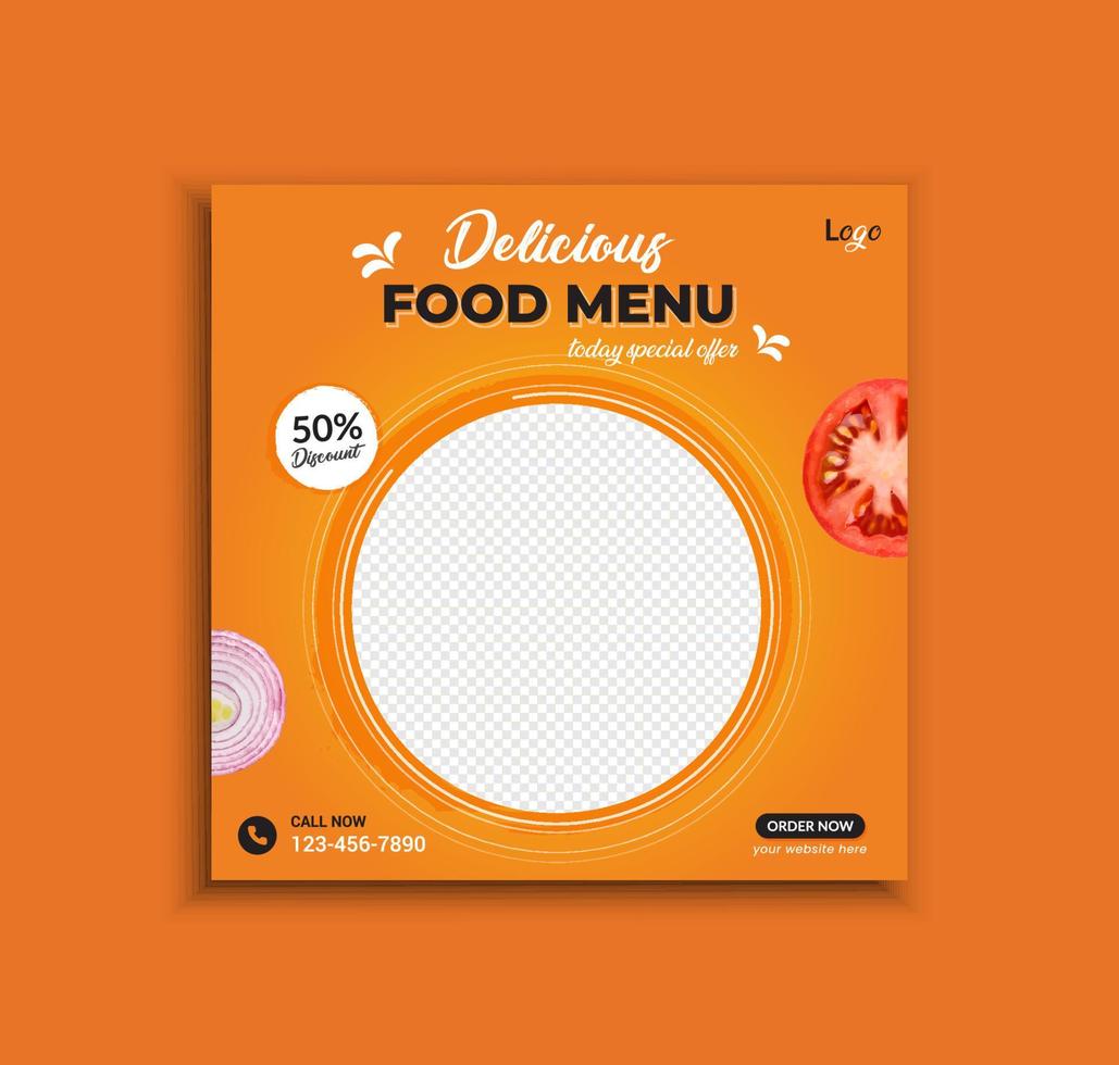 menu di cibo e ristorante post sui social media e design del modello di banner web vettore