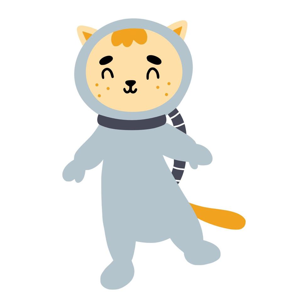 simpatico gatto cosmonauta. personaggio dei bambini in stile cartone animato. illustrazione dello spazio. vettore