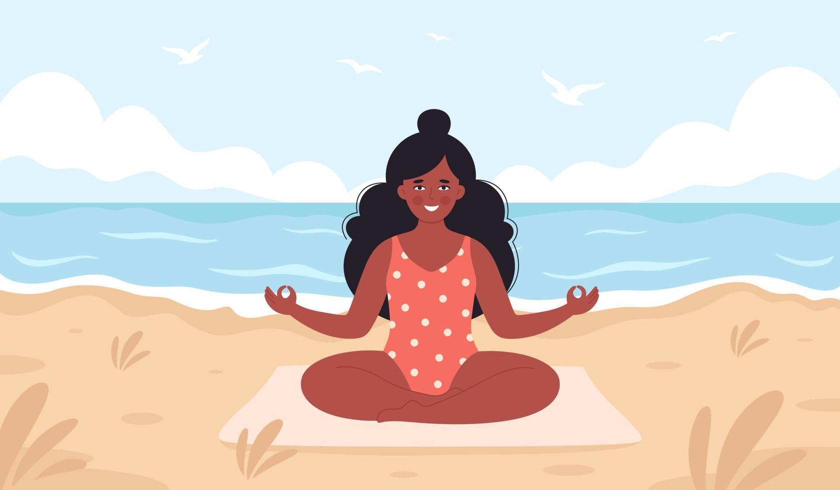 donna nera che medita sulla spiaggia. ciao estate, svago estivo, vacanze, stile di vita sano vettore