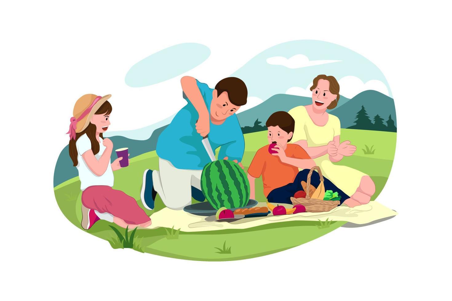 famiglia al picnic. personaggi maschili, femminili, bambini e adulti in un picnic, con in mano verdure fresche. mangiare sano, concetto di cibo biologico vettore