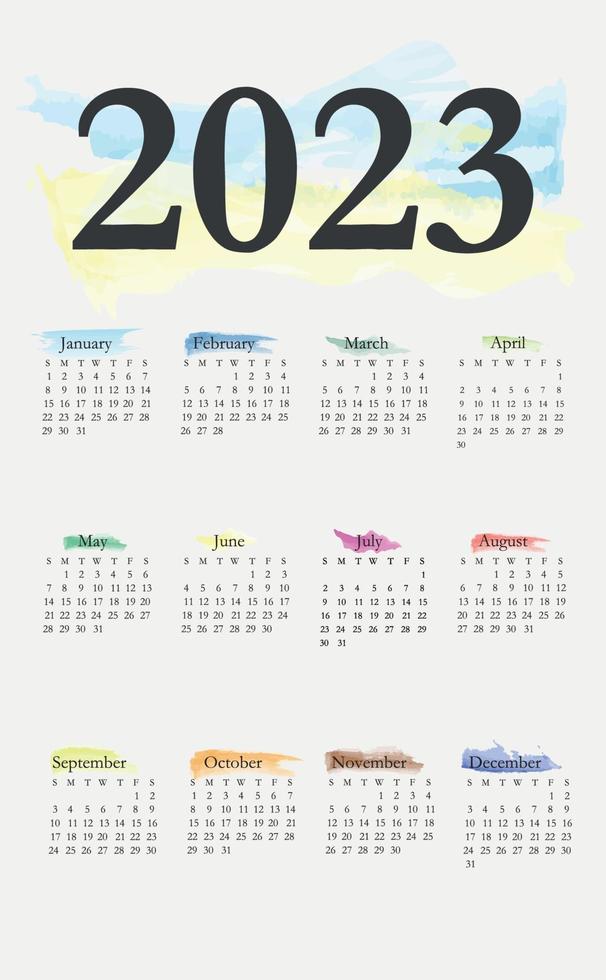2023, calendario per l'anno con mesi, settimane, giorni, fine settimana e giorni lavorativi. vettore