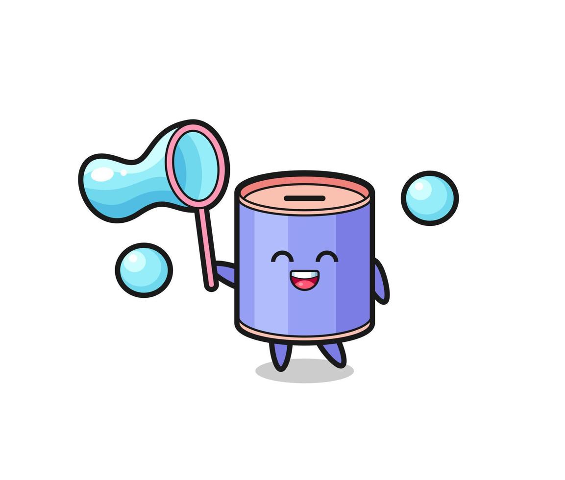 cartone animato felice cilindro salvadanaio che gioca a bolla di sapone vettore