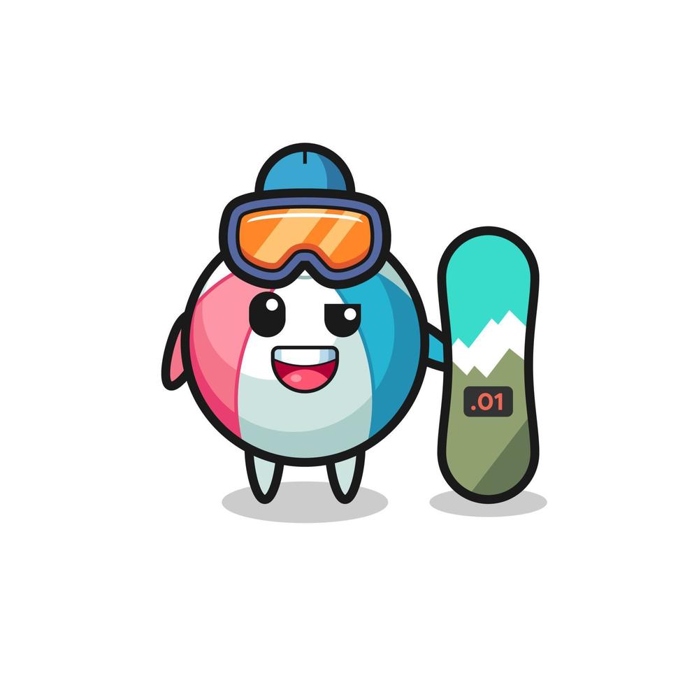 illustrazione del personaggio del pallone da spiaggia con stile di snowboard vettore