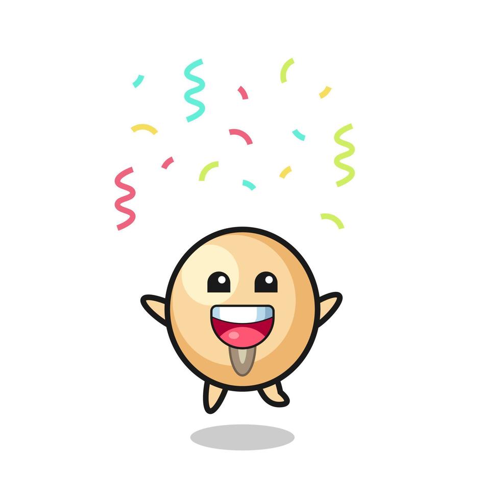 felice mascotte di fagiolo di soia che salta per congratulazioni con coriandoli colorati vettore