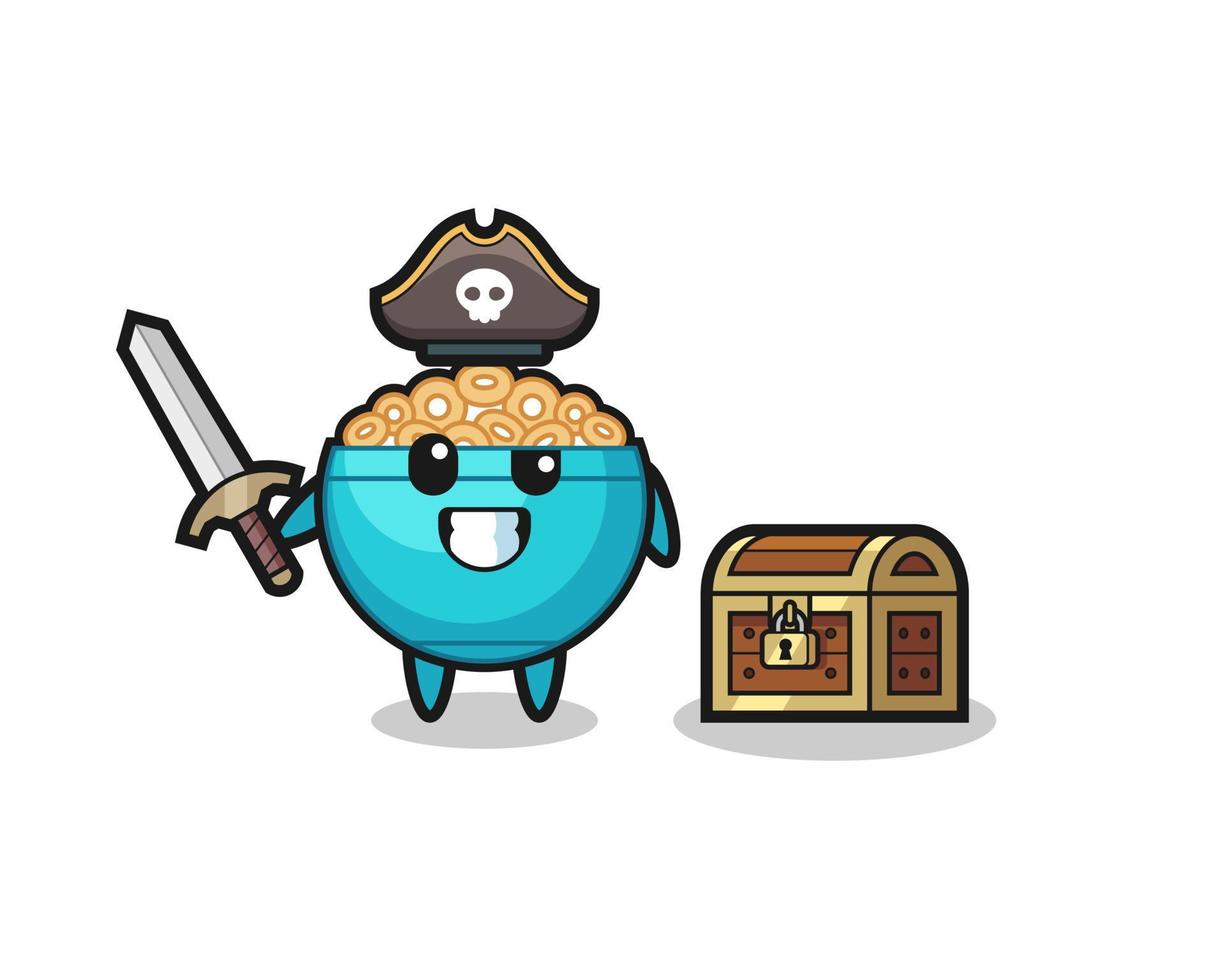 il personaggio dei pirati della ciotola di cereali che tiene la spada accanto a una scatola del tesoro vettore