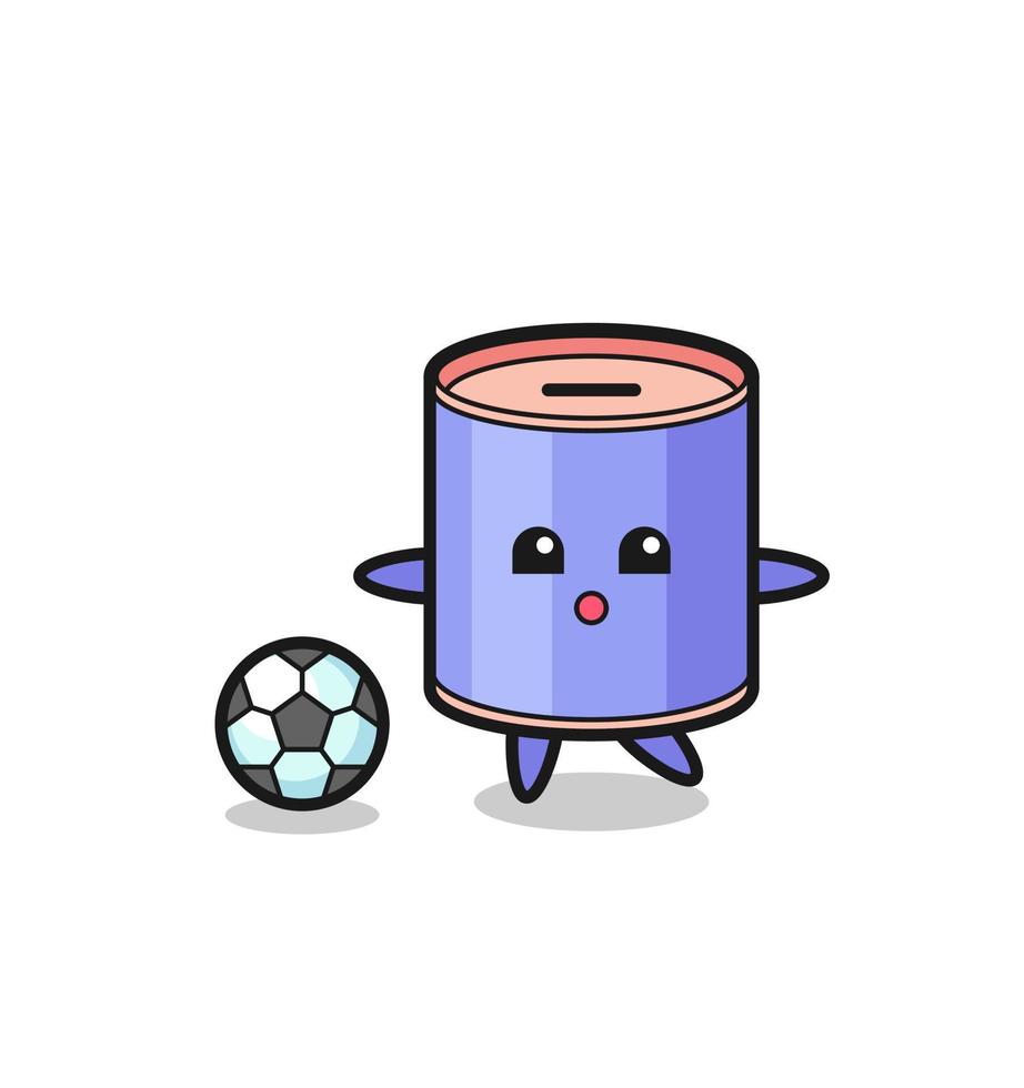 illustrazione del fumetto salvadanaio cilindro sta giocando a calcio vettore