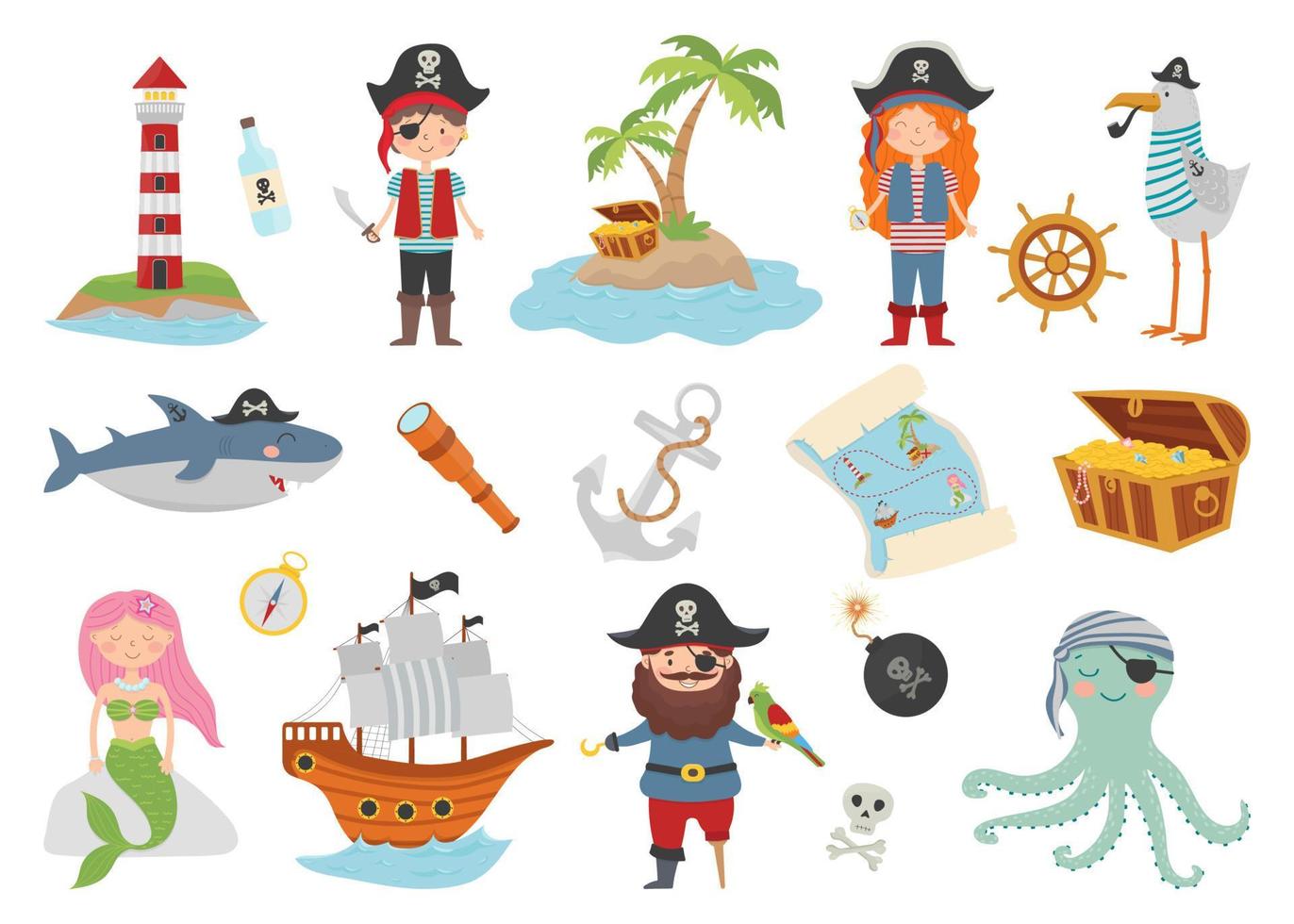 set di personaggi dei cartoni animati dei pirati, stile piatto. pirata, isola del tesoro, squalo, polpo, gabbiano, sirena, nave e faro. vettore