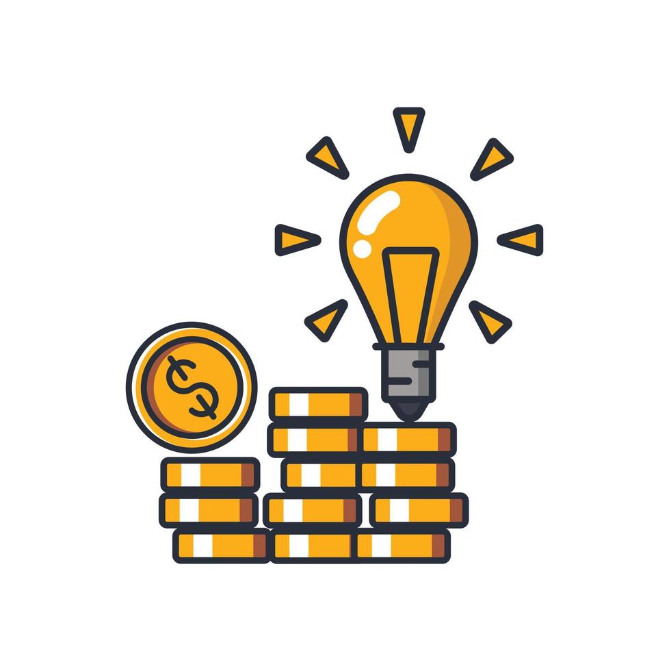 icona sottile colorata della pila di monete con lampadina, illustrazione vettoriale del concetto di affari e finanza.