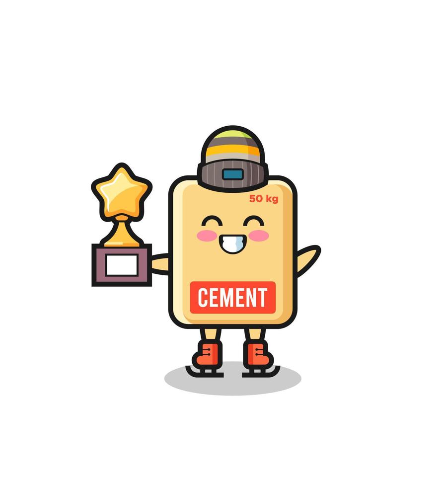 cartone animato con sacco di cemento come un giocatore di pattinaggio sul ghiaccio tiene il trofeo del vincitore vettore