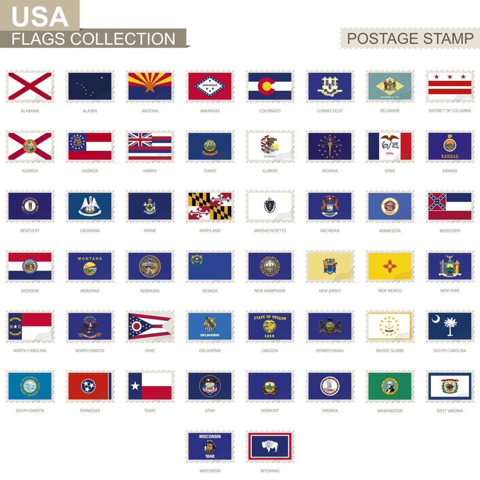 francobollo con bandiere di stato usa. set di 50 bandiera degli stati americani. vettore