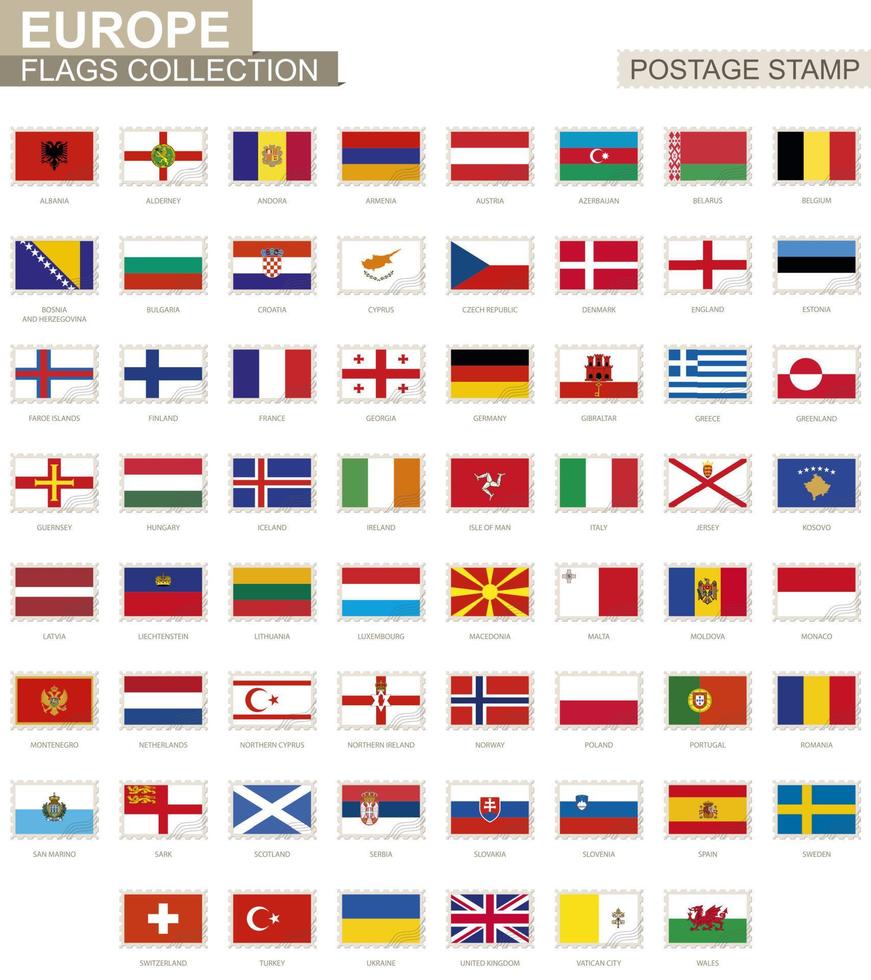 francobollo con bandiere europa. set di 62 bandiere europee. vettore