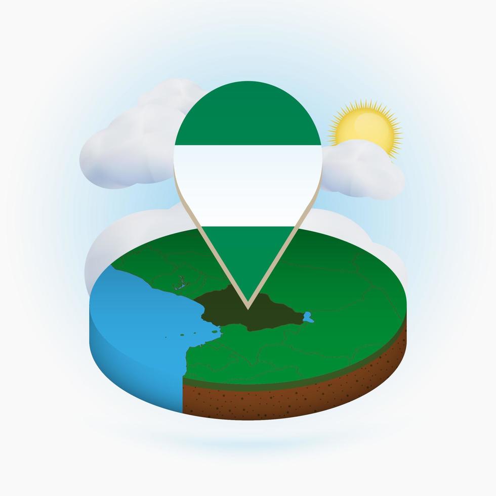 mappa rotonda isometrica della nigeria e puntatore con bandiera della nigeria. nuvola e sole sullo sfondo. vettore