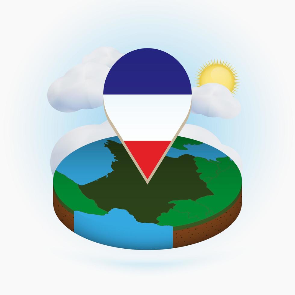 mappa rotonda isometrica della francia e indicatore di punto con bandiera della francia. nuvola e sole sullo sfondo. vettore