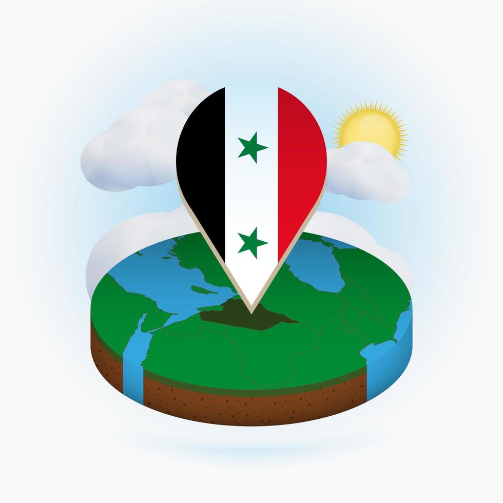 mappa rotonda isometrica della siria e indicatore di punto con bandiera della siria. nuvola e sole sullo sfondo. vettore