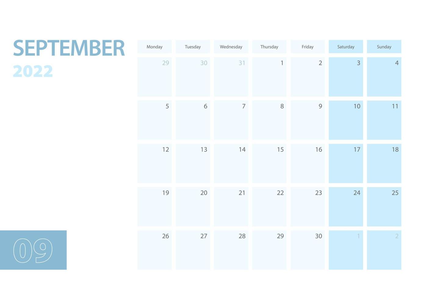 modello di calendario per settembre 2022, la settimana inizia lunedì. il calendario è in una combinazione di colori blu. vettore