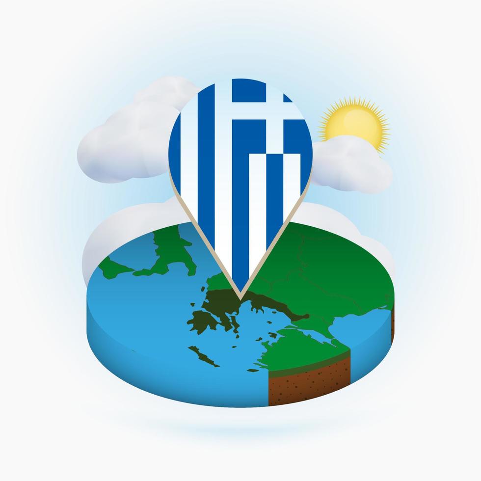 mappa rotonda isometrica della grecia e indicatore di punto con bandiera della grecia. nuvola e sole sullo sfondo. vettore