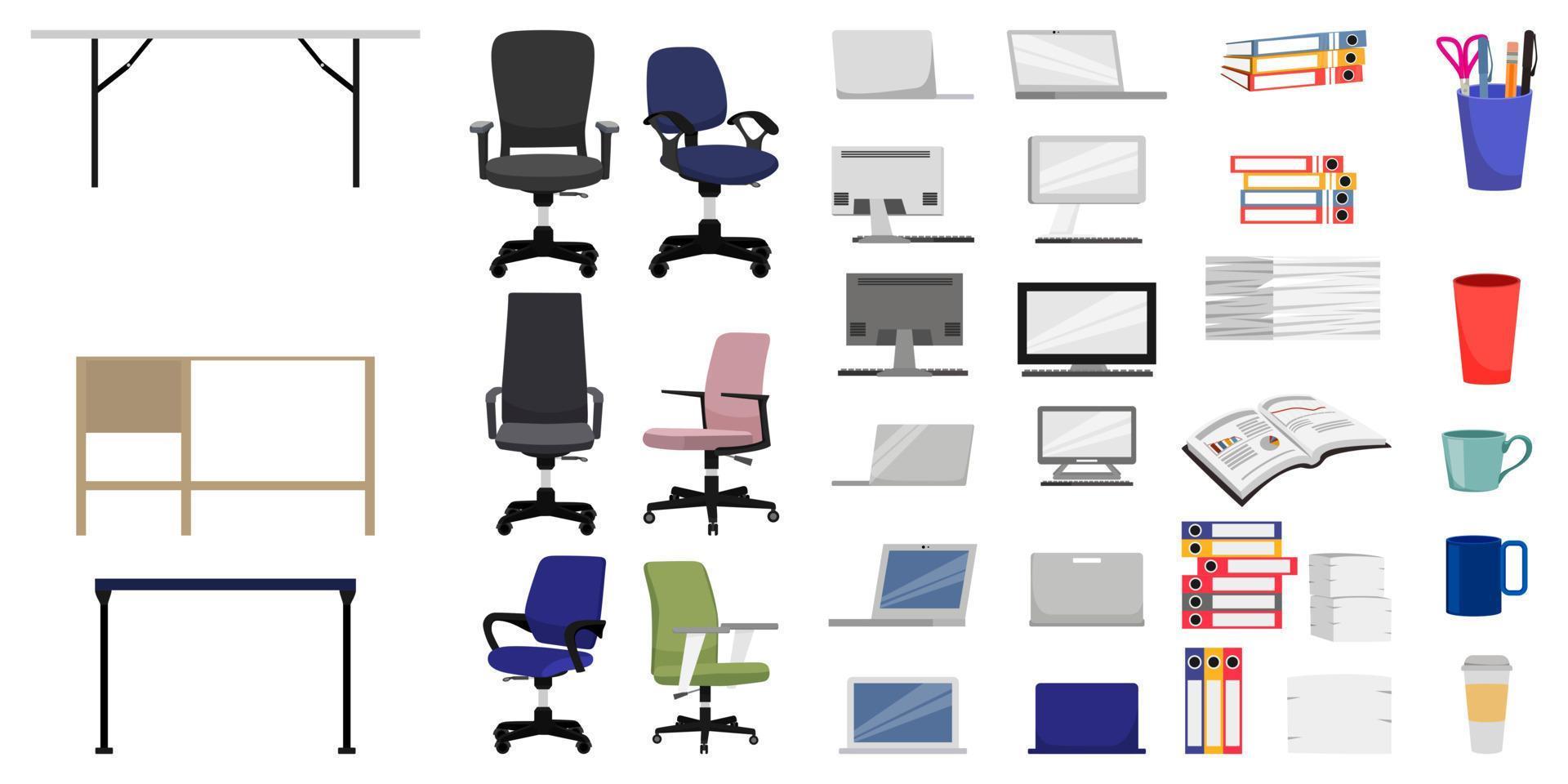 set di apparecchiature per ufficio home office set con sedia da tavolo pc laptop pc board isolato vettore