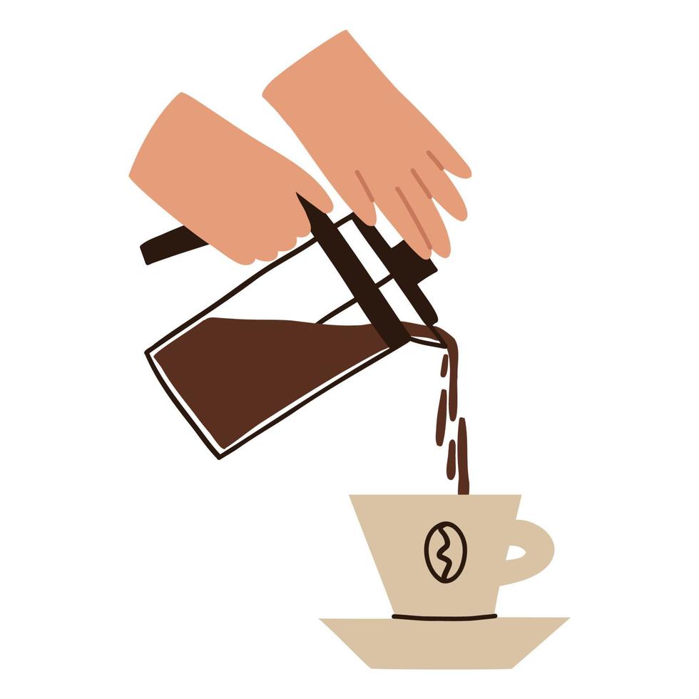 versando il tè in una tazza. la mano tiene il frenchpress. preparare una bevanda calda. illustrazione piatta vettoriale isolata su sfondo bianco.