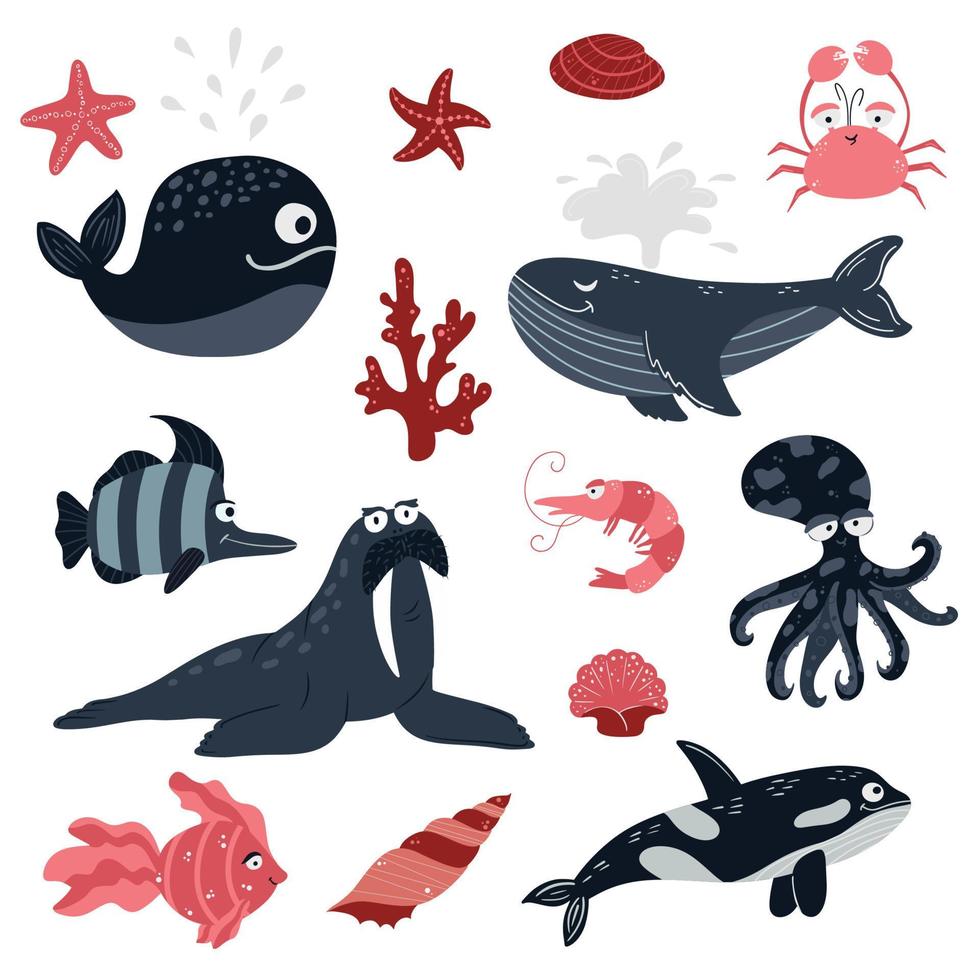 animali marini su sfondo bianco. simpatici e divertenti abitanti del mondo sottomarino marino. illustrazione vettoriale su sfondo bianco.