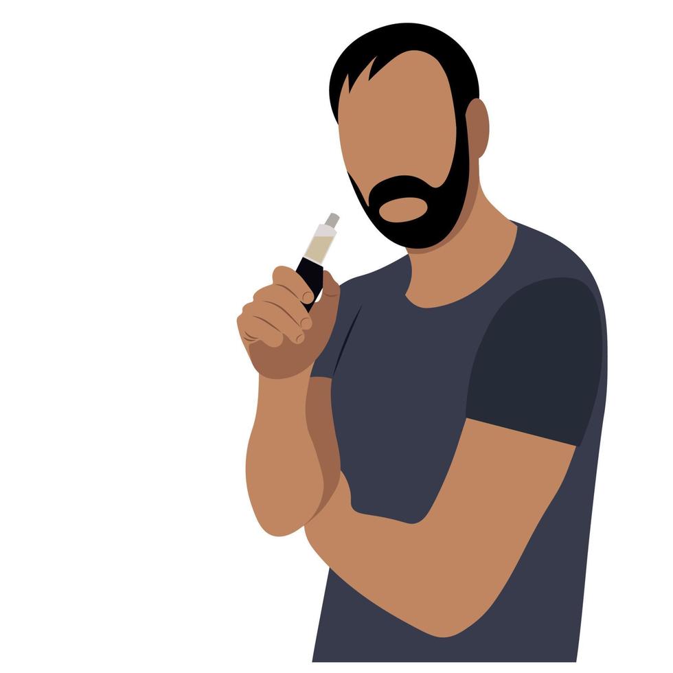 ritratto senza volto di un uomo barbuto indiano con una sigaretta elettronica in mano, un vettore piatto su sfondo bianco, un'illustrazione senza volto