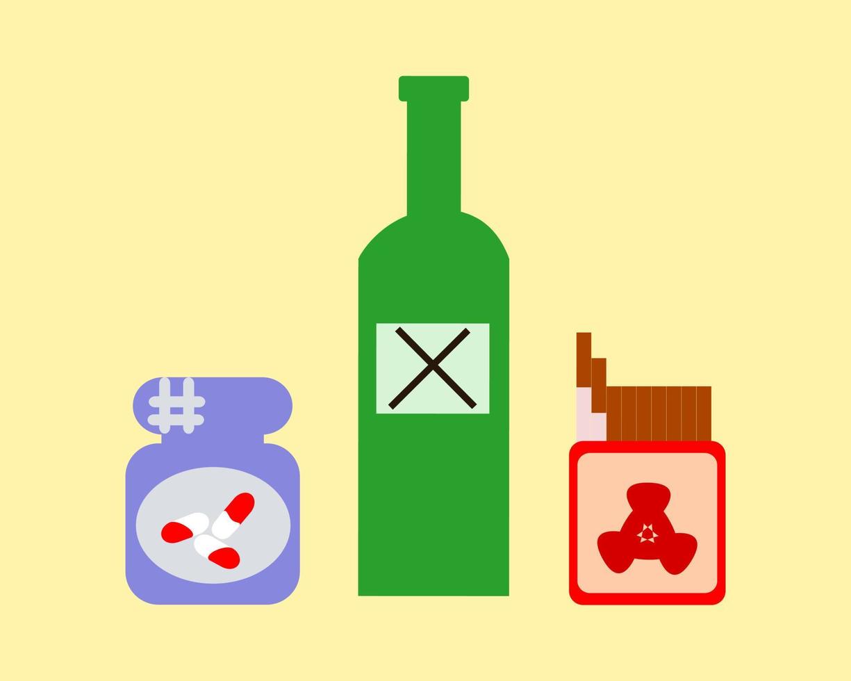 illustrazione vettoriale pacchetto di dipendenza alcol, pillole di droga e sigarette. fumatore di cattiva abitudine, ubriacone, drogato. flatdesign buono per il design degli elementi