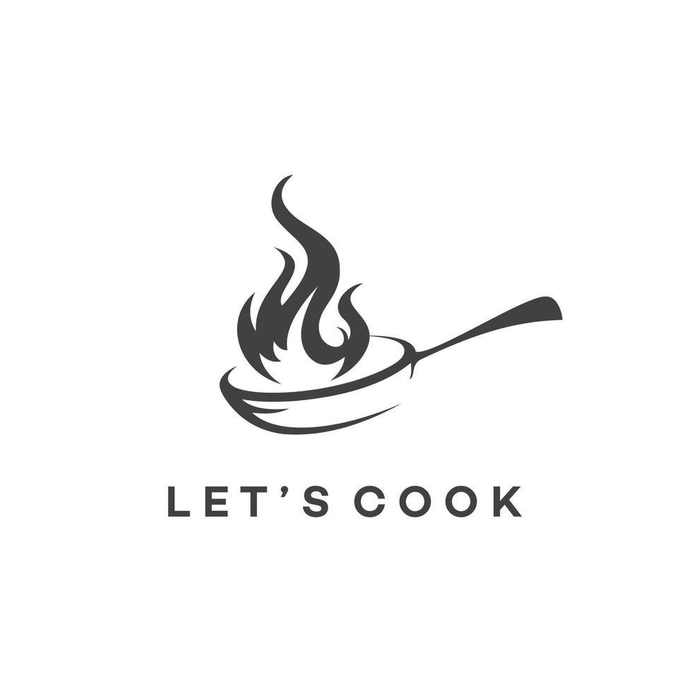 un logo sofisticato semplice ma giocoso che mostra una padella con un fuoco dove cucinare. vettore