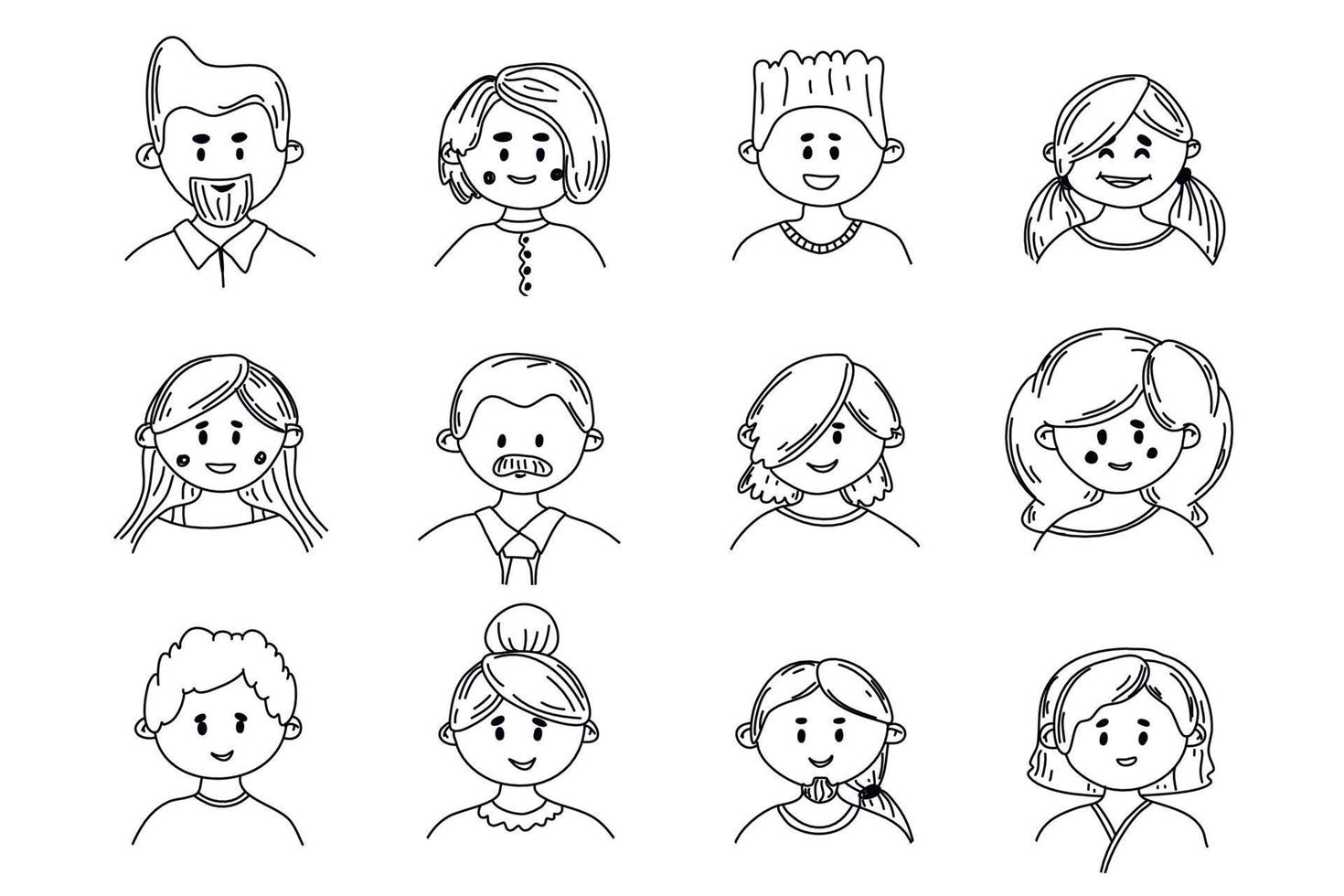 set di avatar di doodle di persone. diversità vecchi e giovani uomini e donne. persone con acconciature diverse. illustrazione vettoriale in stile schizzo piatto. icone di ritratti impostate.