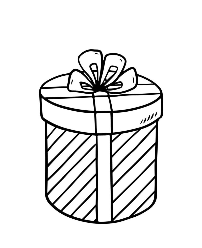 confezione regalo rotonda festiva con un fiocco isolato su sfondo bianco. illustrazione disegnata a mano di vettore in stile doodle. perfetto per biglietti, loghi, inviti, decorazioni, disegni di compleanno.