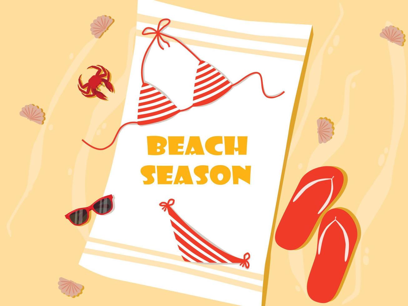 stagione balneare nella sabbia testo colorato e sfondo con elementi della stagione estiva in spiaggia. illustrazione vettoriale