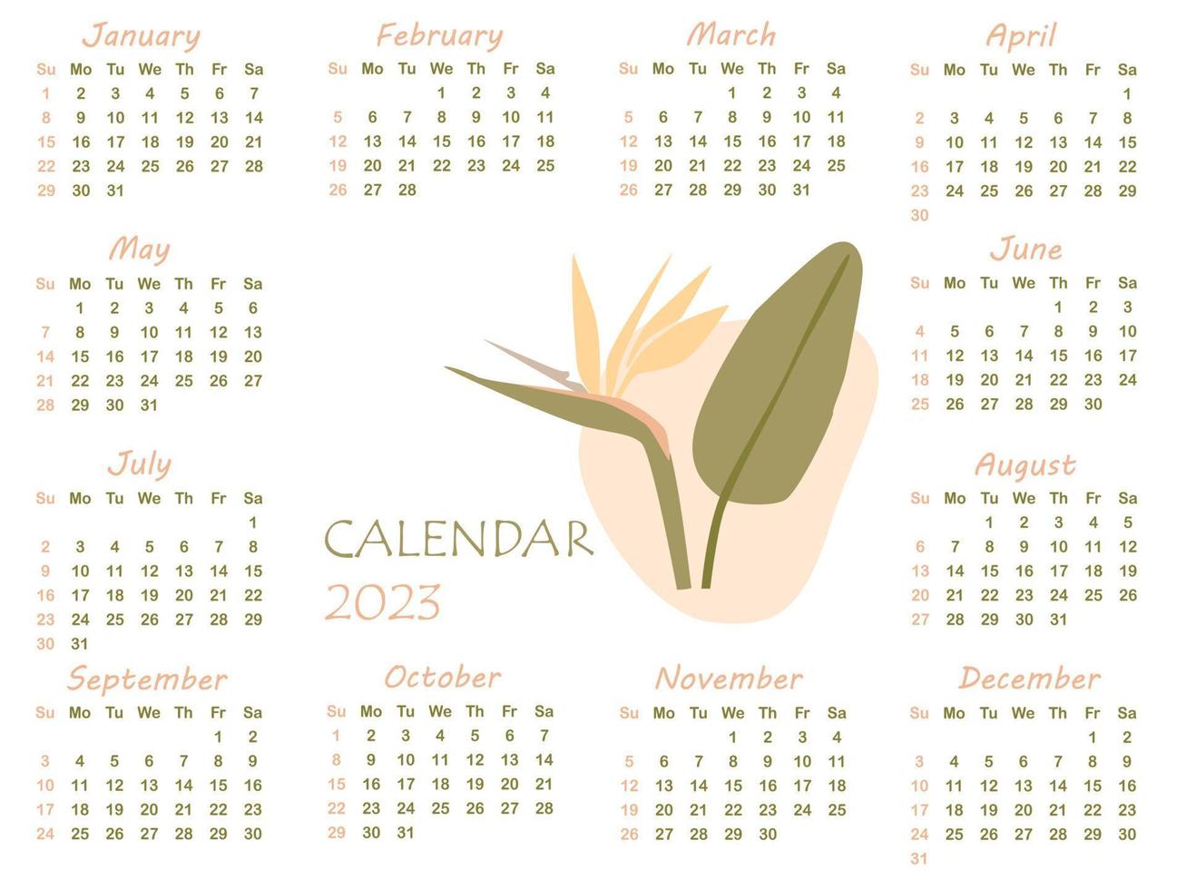 calendario 2023. calendario minimalista con fiore strelitzia. la settimana inizia di domenica, illustrazione vettoriale. vettore