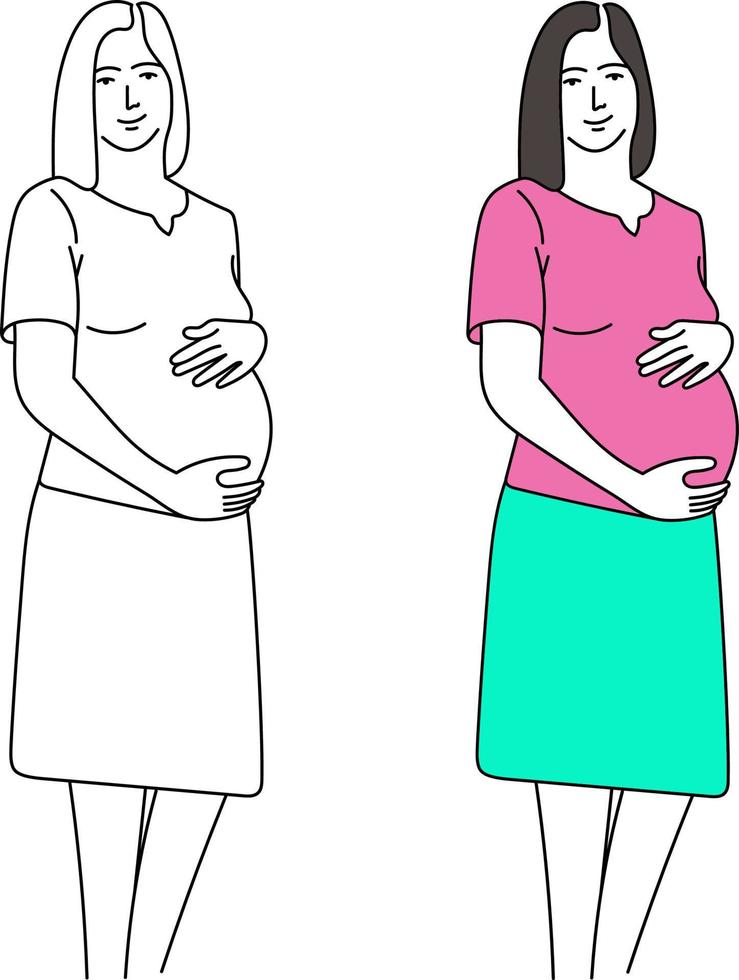 una donna incinta al suo ultimo termine di buon umore, foto su sfondo bianco vettore