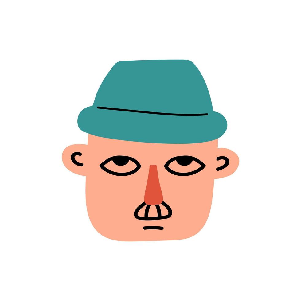 personaggio volto adulto uomo serio in cappello isolato su sfondo bianco. testa di uomo divertente cartone animato alla moda. avatar di persone colorate. illustrazione vettoriale