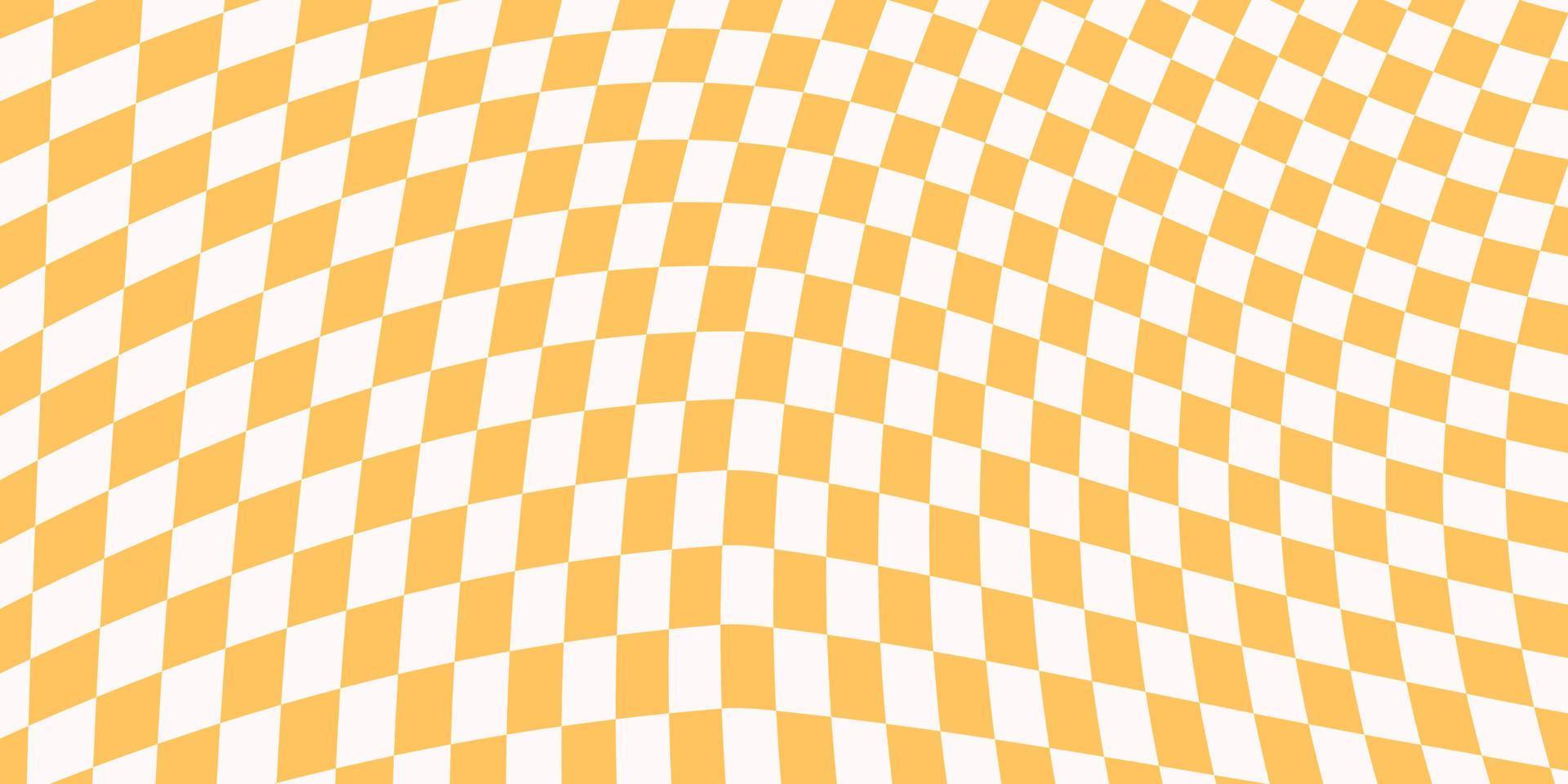 sfondo orizzontale a scacchi con quadrati gialli e bianchi distorti. banner astratto alla moda con distorsione. illustrazione vettoriale