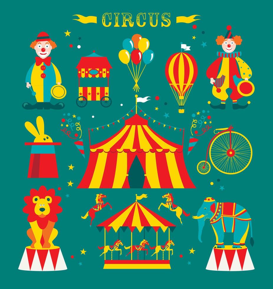 set di circo con pagliacci tenda cappello coniglio elefante palloncini su motivo blu vettore