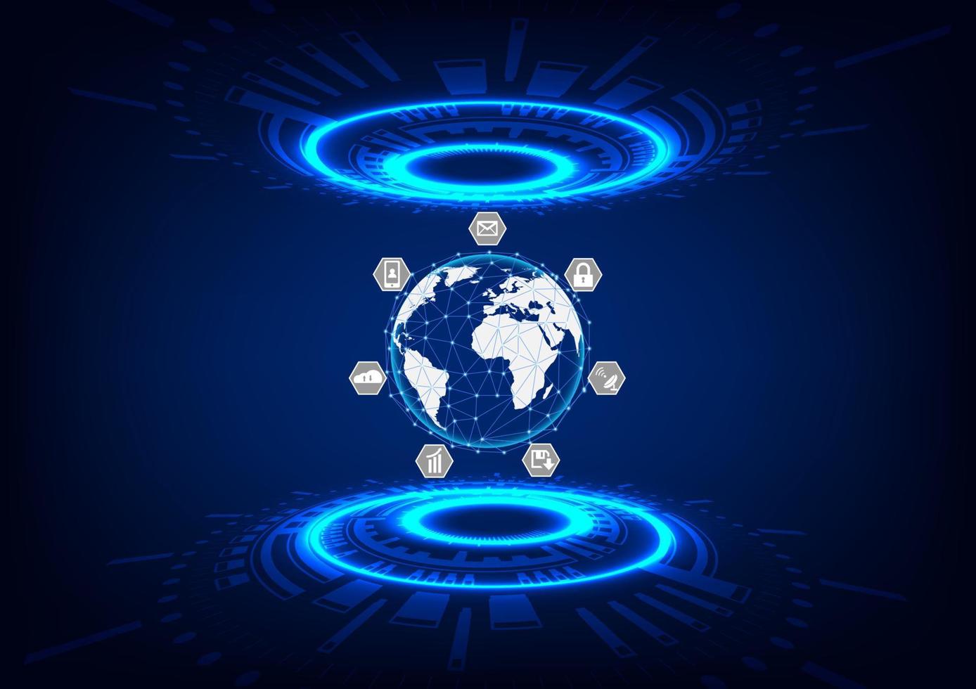 illustrazione vettoriale globo con icona intorno comunicazione hitech tecnologia futuro con circuito effetto luce a cremagliera