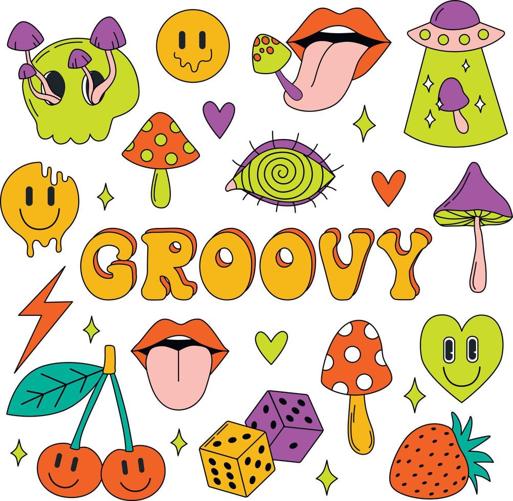 adesivo psichedelico. cartoni animati groovy comici divertenti emoji personaggi. set di illustrazioni vettoriali. vettore