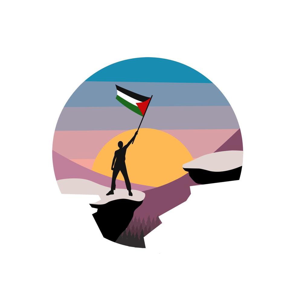 illustrazione vettoriale del paesaggio, silhouette uomo che tiene la bandiera palestinese in natura