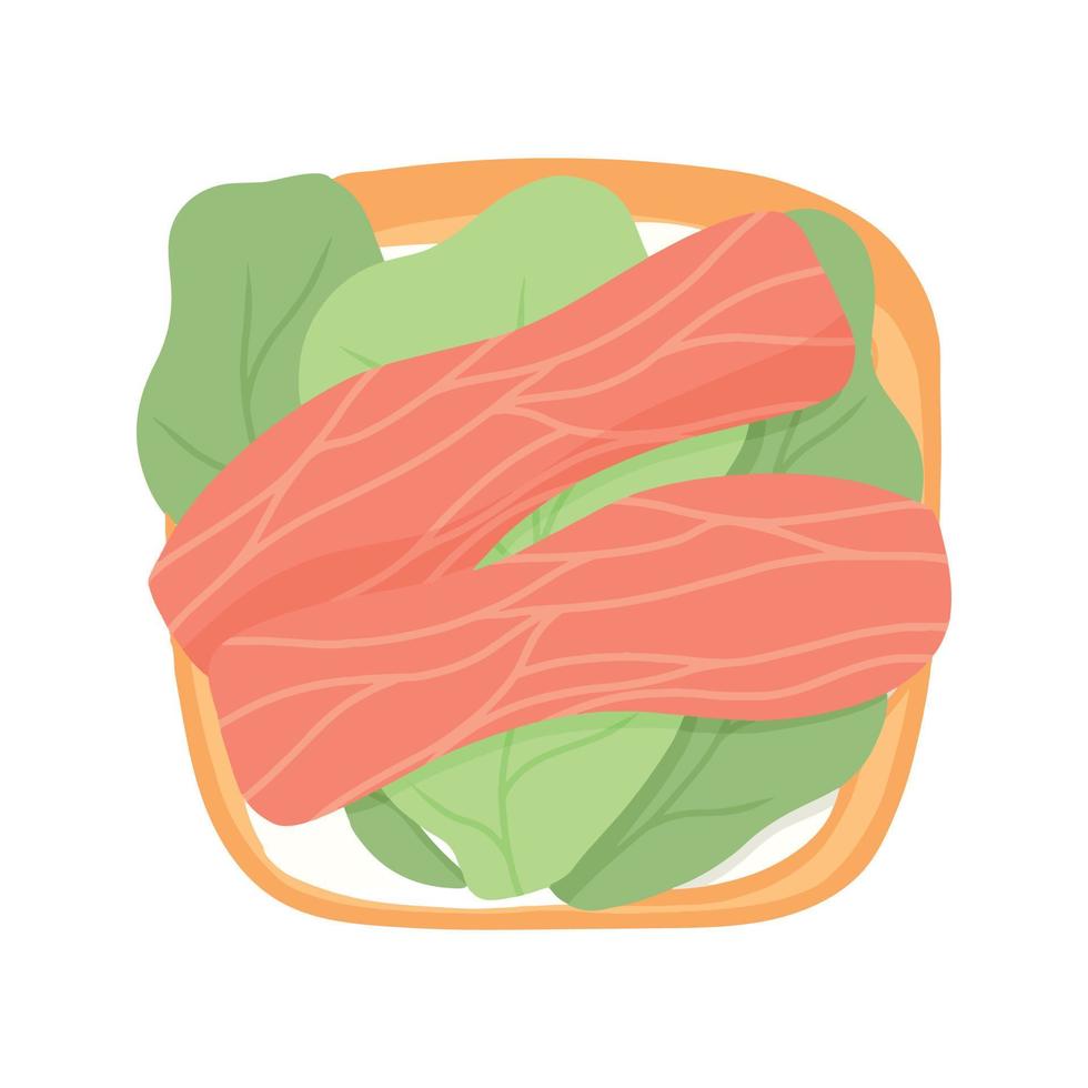 panino con pesce e insalata. toast al salmone. illustrazione vettoriale in stile cartone animato. colazione salutare