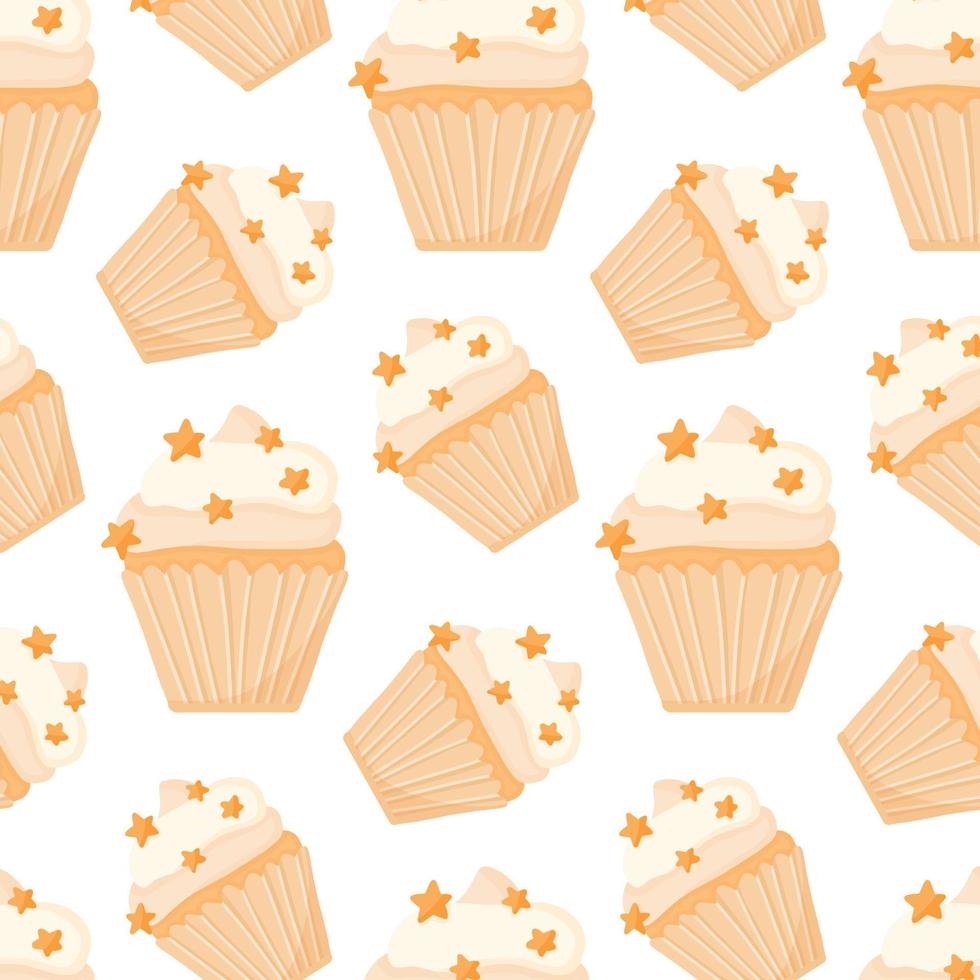 senza cuciture con cupcake e stelle. modello con panino e panna. illustrazione vettoriale in stile cartone animato.