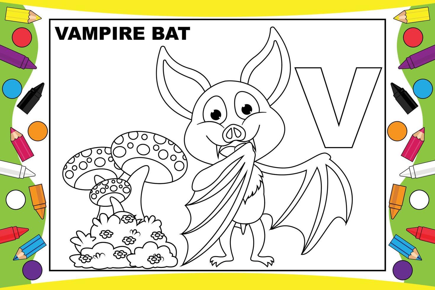 cartone animato da colorare pipistrello vampiro con alfabeto per bambini vettore